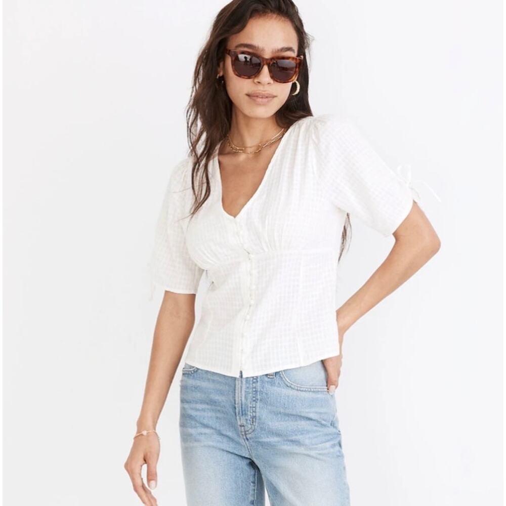Madewell Tied sleeve Evie boho girl textured gingham airy blouse crop top sz 0